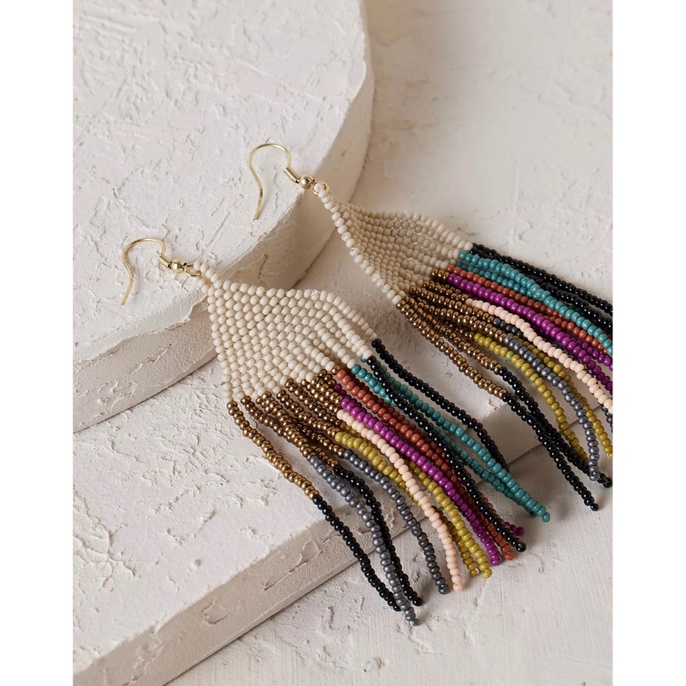 Anthropologie Ink + Alloy Beaded Tassel Earrings Gold Ivory Stripe
